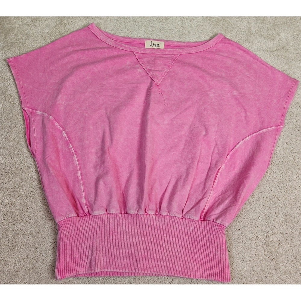 J. HER Blouse‎ Top Womens L Baby Pink Acid Wash Cotton Dolman Sleeve Banded Hem
